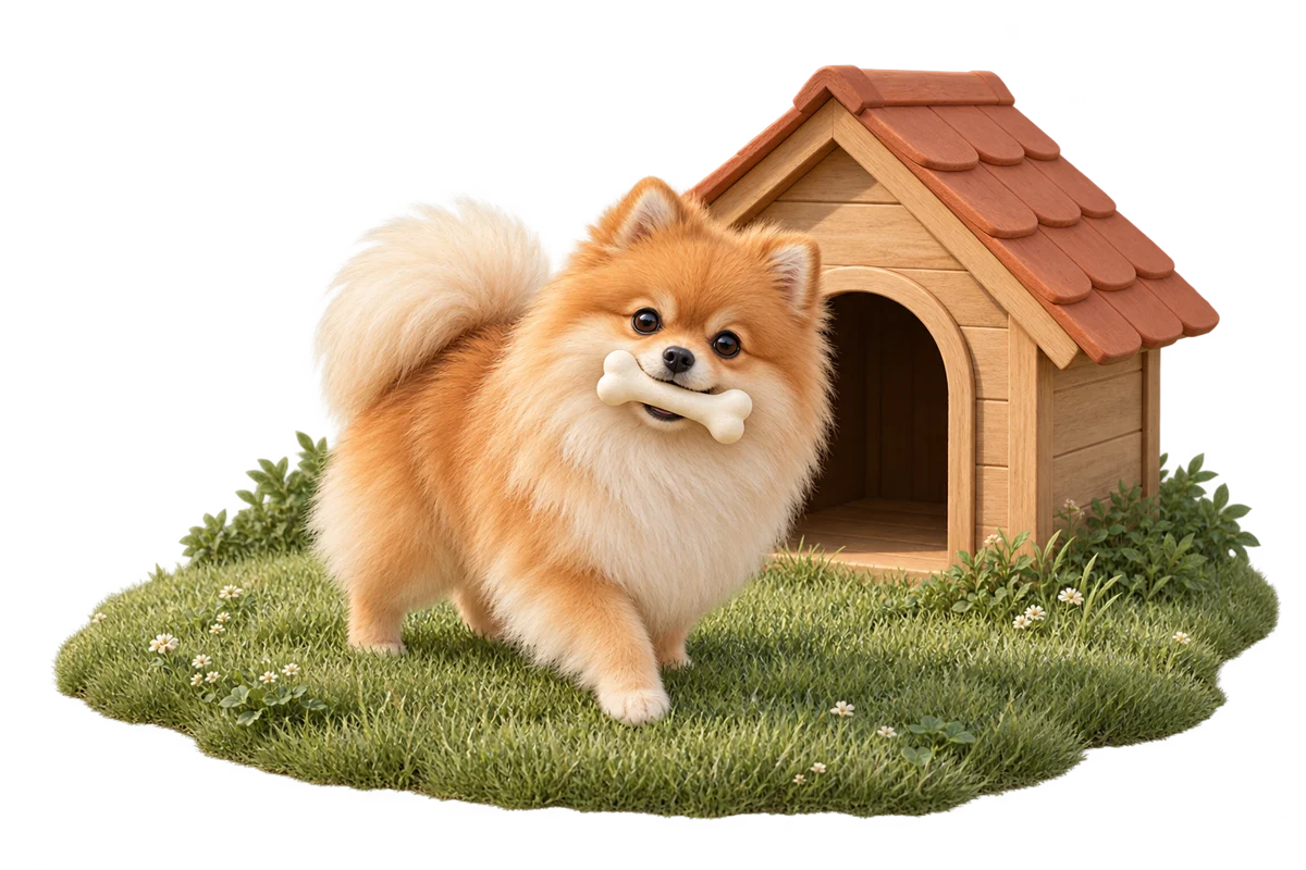 Illustration of a Pomeranian carrying a bone beside a doghouse
